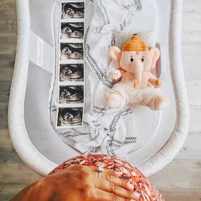 pregantn woman standing in front of ganesh plush next to sonogram picture
