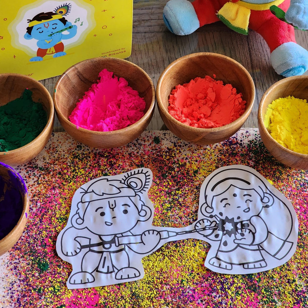 Baby Krishna and Radha arts and crafts using Holi color powder